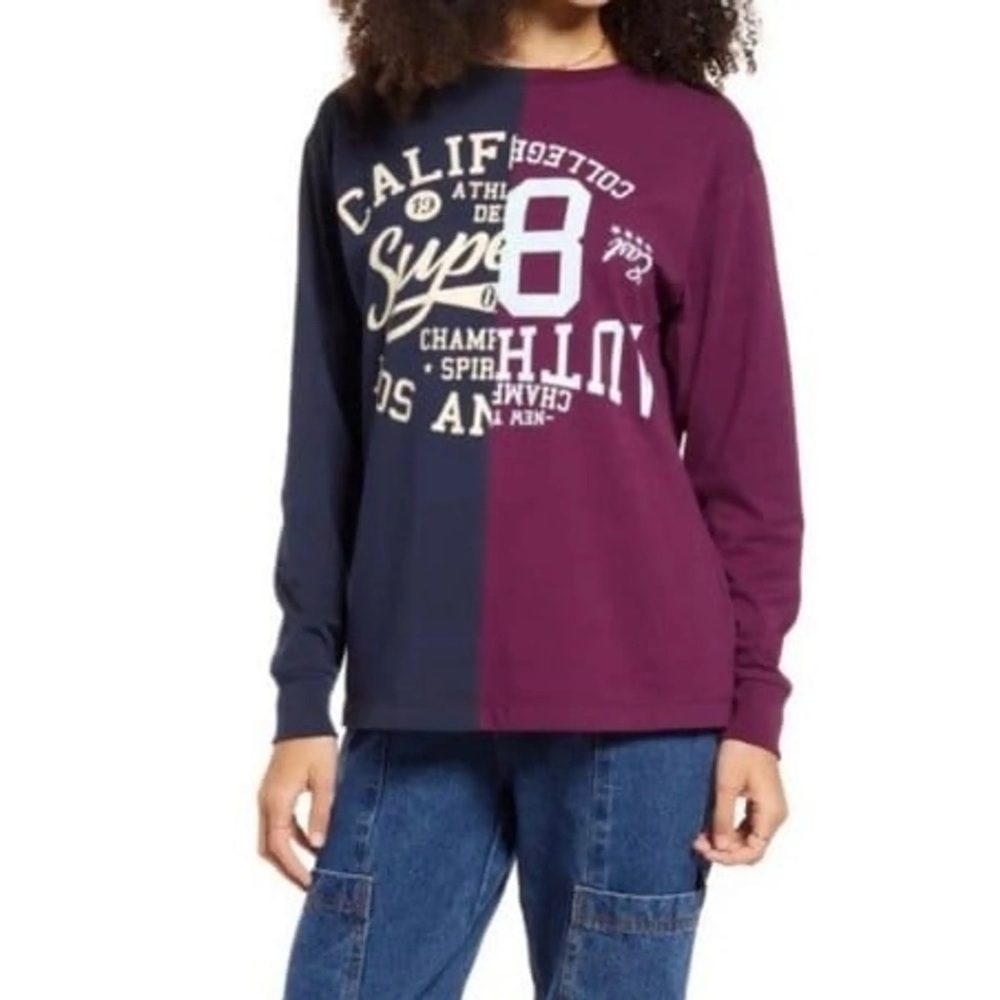 BP long sleeve color block organic cotton navy and maroon‎ plus graphic t-shirt